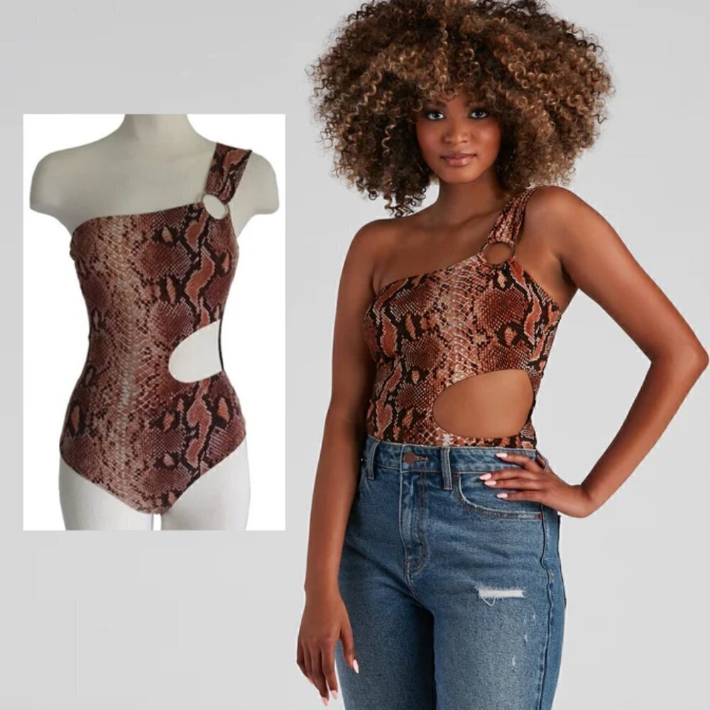 Windsor Brown Snake Print One-Shoulder Cutout Bodysuit